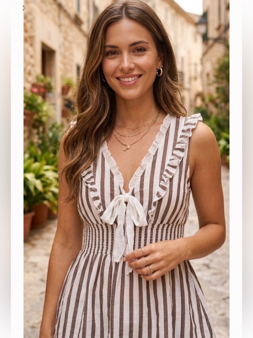 Miss Me Brown & White Striped Ruffle Tie-Front Tunic